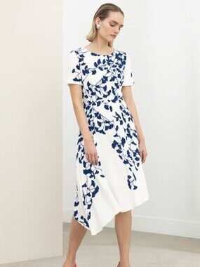 The Fold London Somerby Midi Dress White Blue Ginkgo Floral Size 12 Short Sleeve